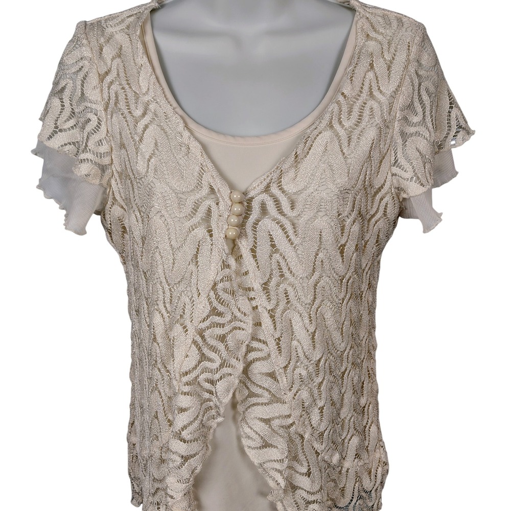 Petite Cream Chevron Lace Layered Look Blouse PM Short Sleeve Coquette twee
